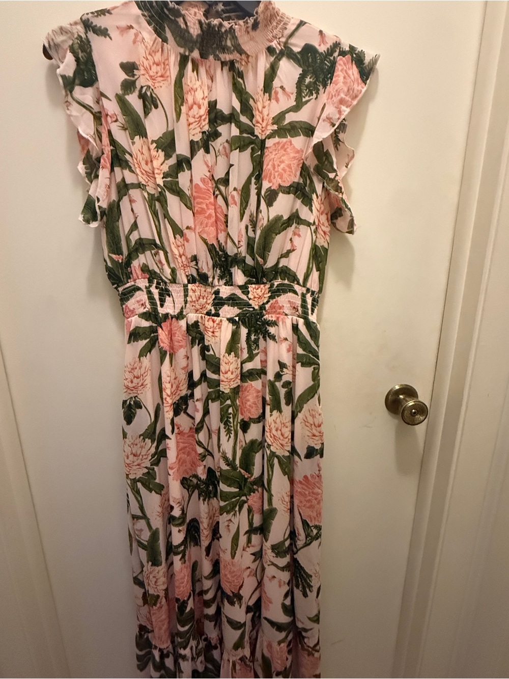 MELLODAY Large Pink Tropical Floral Smocked Midi Dress Romantic